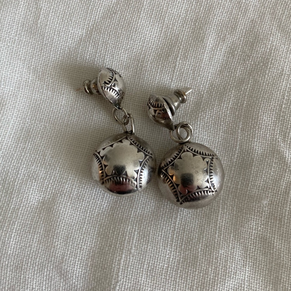 Vintage 1970s Sterling Silver Double Circle Etched Drop Earrings